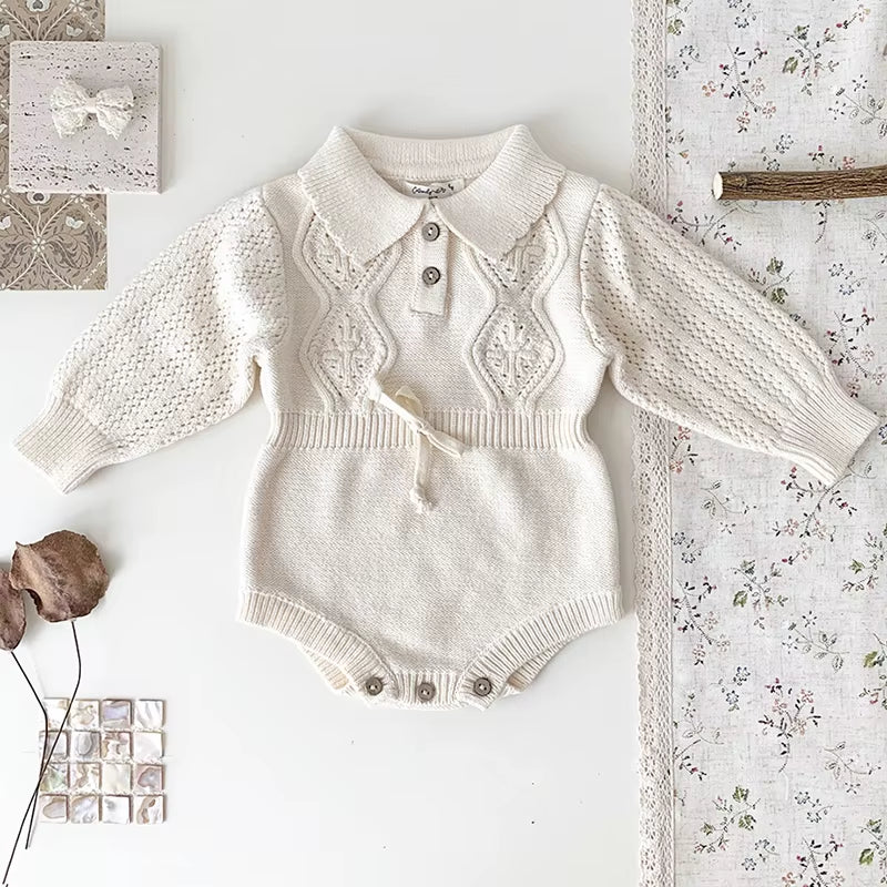 New Autumn Baby Girls Rompers Cotton Knitted Lace Ruffle Collar Infant Girls Bodysuit Knit Pink Princess Toddler Girls Outfits 