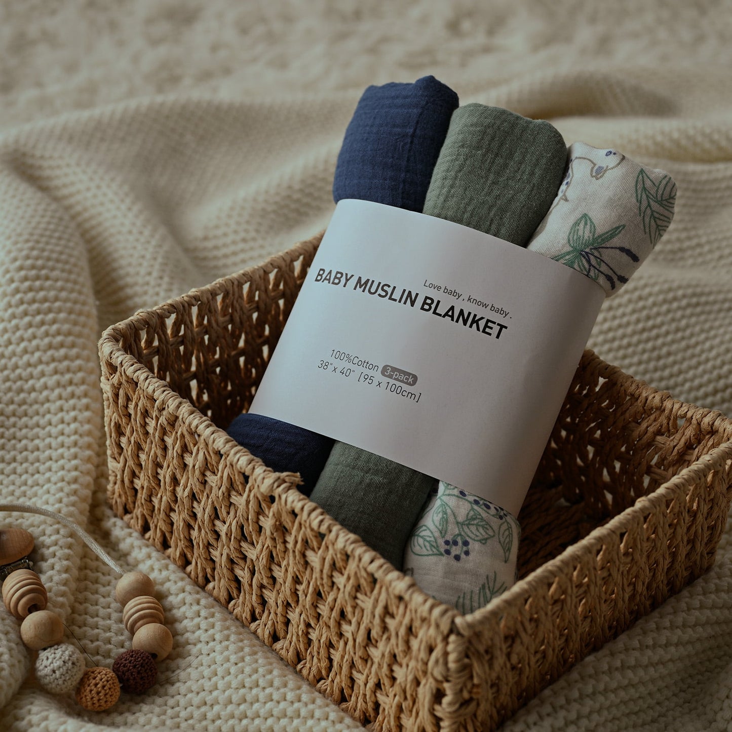 3-Pack Muslin Organic Cotton Swaddle Blankets for Newborn Infant Boys Girls 38"X40", Perky Fawn