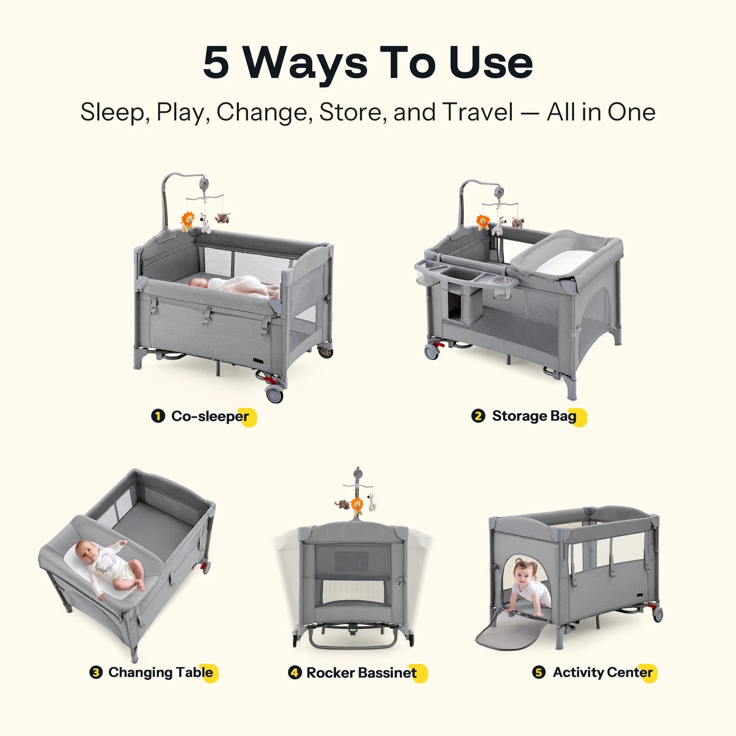 5 in 1 Portable Playard and Bassinet Bedside Sleeper for Newborn to Toddler, Unisex, Gray