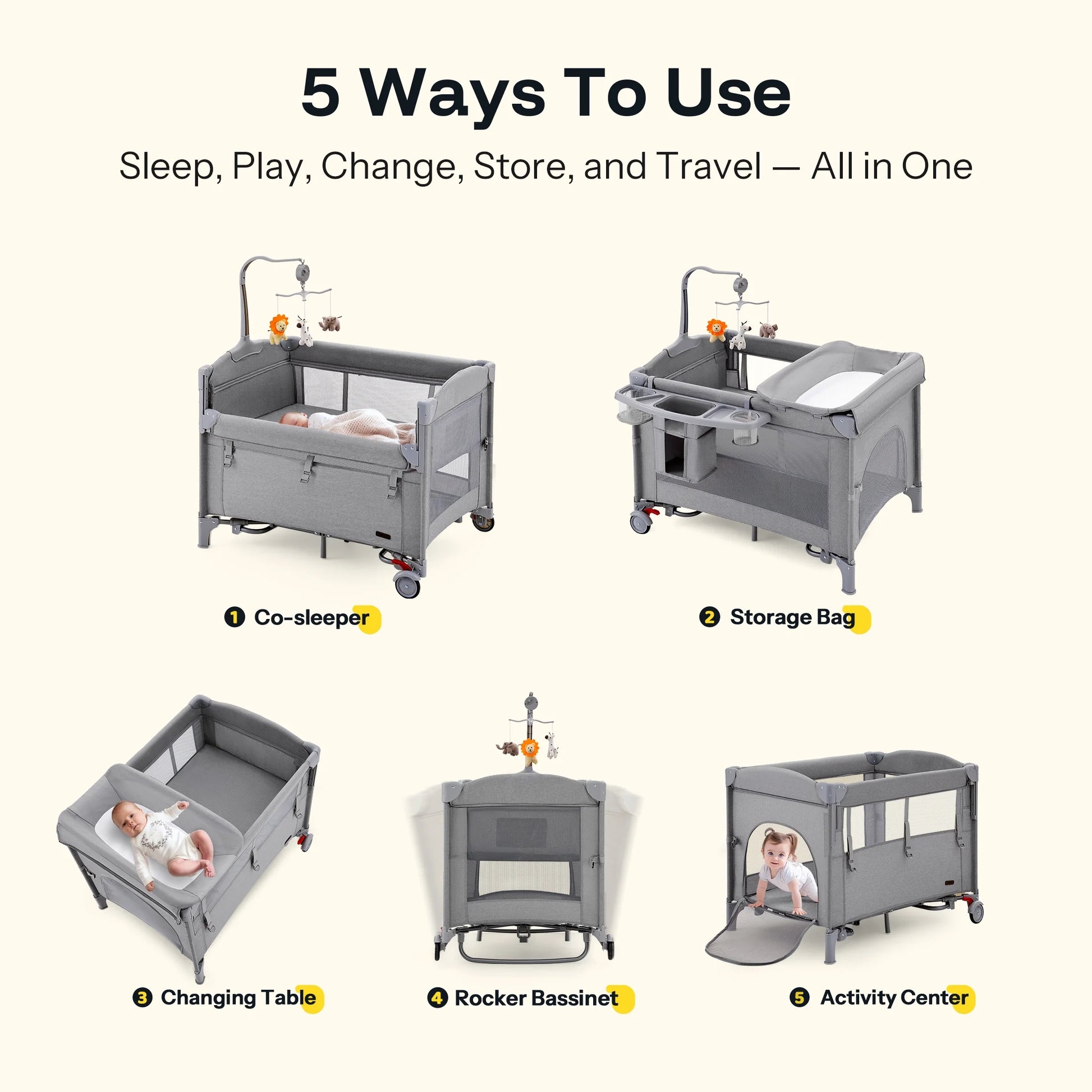 5 in 1 Portable Playard and Bassinet Bedside Sleeper for Newborn to Toddler, Unisex, Gray