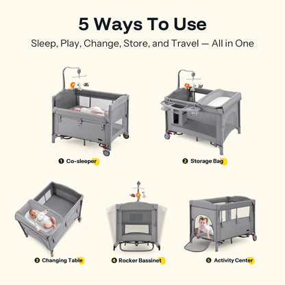5 in 1 Portable Playard and Bassinet Bedside Sleeper for Newborn to Toddler, Unisex, Gray