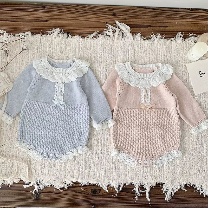 New Autumn Baby Girls Rompers Cotton Knitted Lace Ruffle Collar Infant Girls Bodysuit Knit Pink Princess Toddler Girls Outfits ﻿