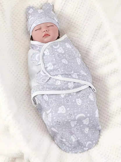 Baby Blanket Hat Set Cartoon Printed Cotton Newborn Swaddle Adjustable Infant Sleeping Swaddle Wraps All Seasons 0-6 Months
