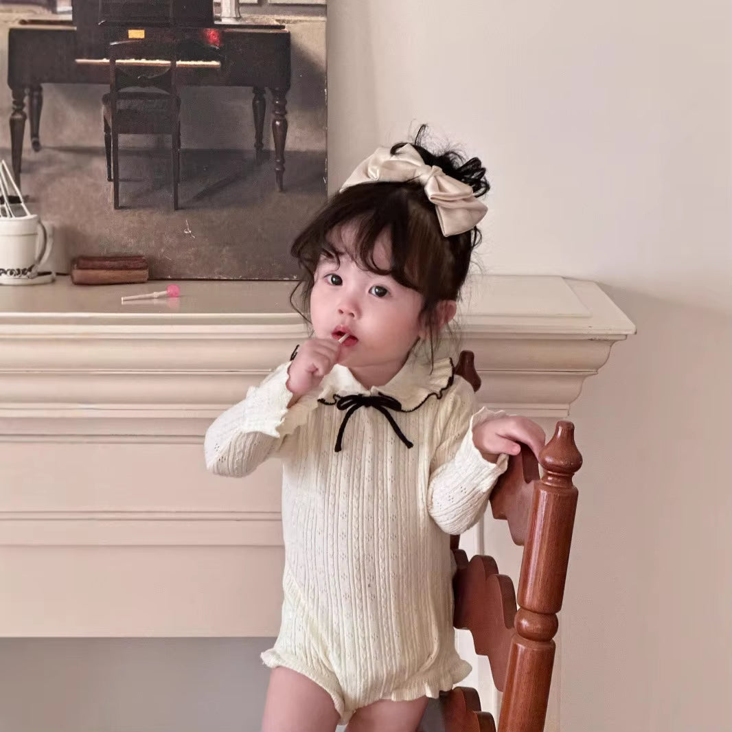 5951 Pre-Sale Baby Girl Knitted Jumpsuit with Lotus Leaf Lapel Climbing Clothes 2025 Spring and Autumn Triangle Sweater