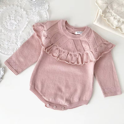 New Autumn Baby Girls Rompers Cotton Knitted Lace Ruffle Collar Infant Girls Bodysuit Knit Pink Princess Toddler Girls Outfits ﻿