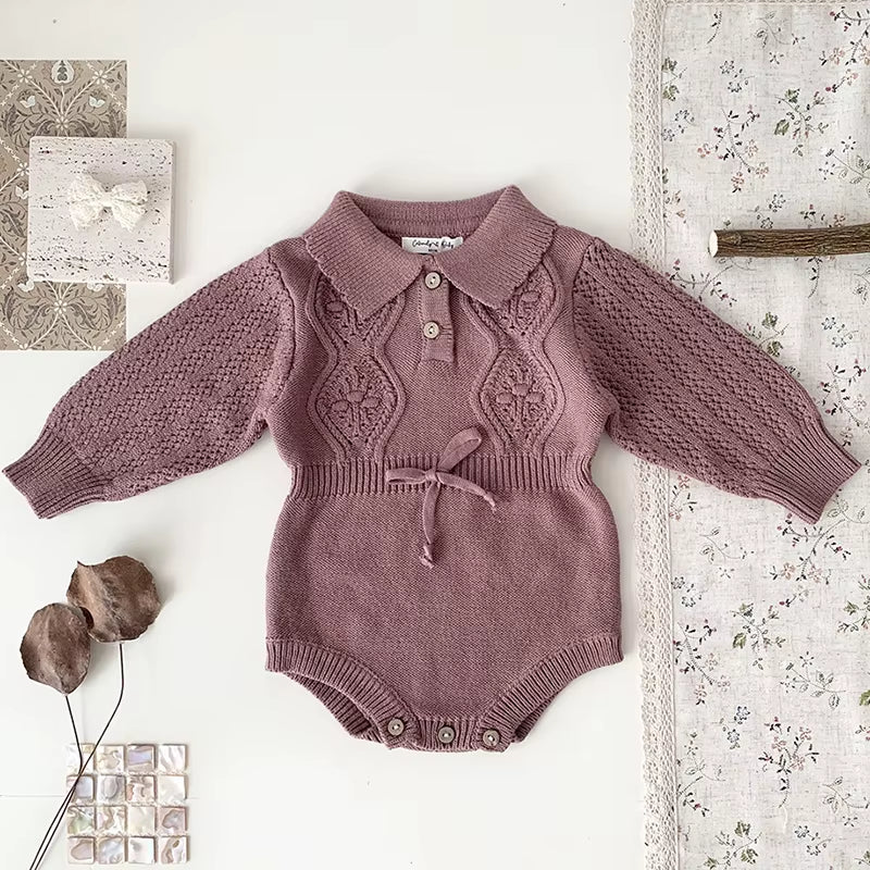 New Autumn Baby Girls Rompers Cotton Knitted Lace Ruffle Collar Infant Girls Bodysuit Knit Pink Princess Toddler Girls Outfits ﻿