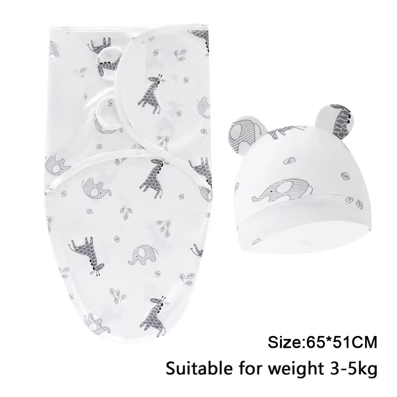 Baby Blanket Hat Set Cartoon Printed Cotton Newborn Swaddle Adjustable Infant Sleeping Swaddle Wraps All Seasons 0-6 Months