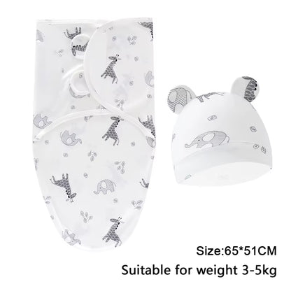 Baby Blanket Hat Set Cartoon Printed Cotton Newborn Swaddle Adjustable Infant Sleeping Swaddle Wraps All Seasons 0-6 Months