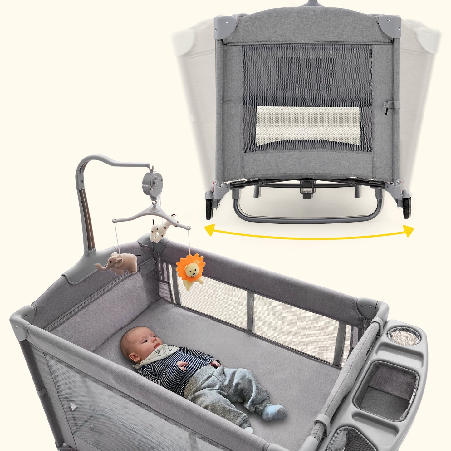 5 in 1 Portable Playard and Bassinet Bedside Sleeper for Newborn to Toddler, Unisex, Gray