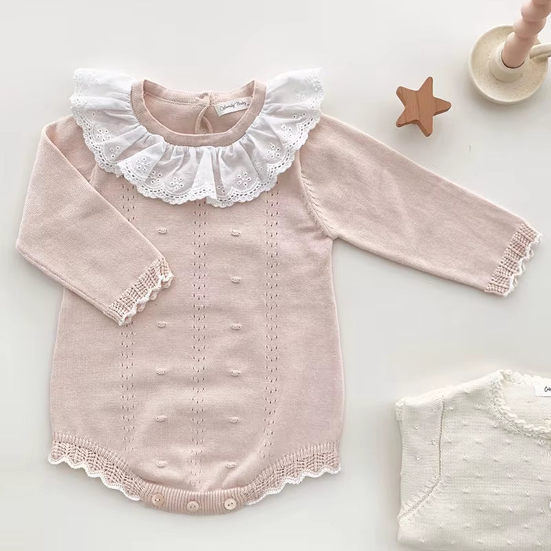 New Autumn Baby Girls Rompers Cotton Knitted Lace Ruffle Collar Infant Girls Bodysuit Knit Pink Princess Toddler Girls Outfits ﻿