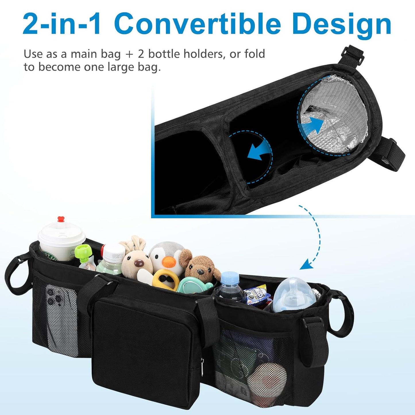 Double Stroller Organizer for Bob Duallie and Baby Jogger City Mini GT2, Double Baby Stroller Caddy Bag Organizer Accessories
