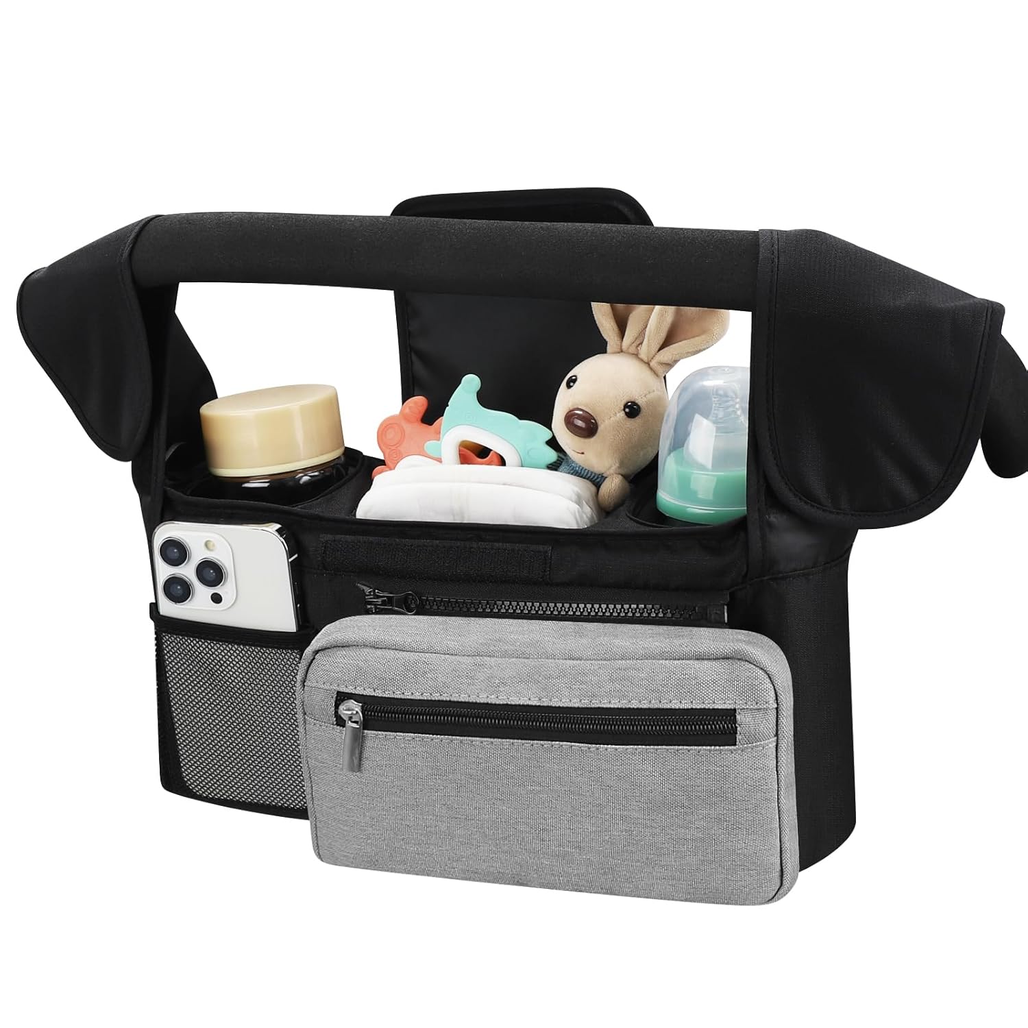 Double Stroller Organizer for Bob Duallie and Baby Jogger City Mini GT2, Double Baby Stroller Caddy Bag Organizer Accessories