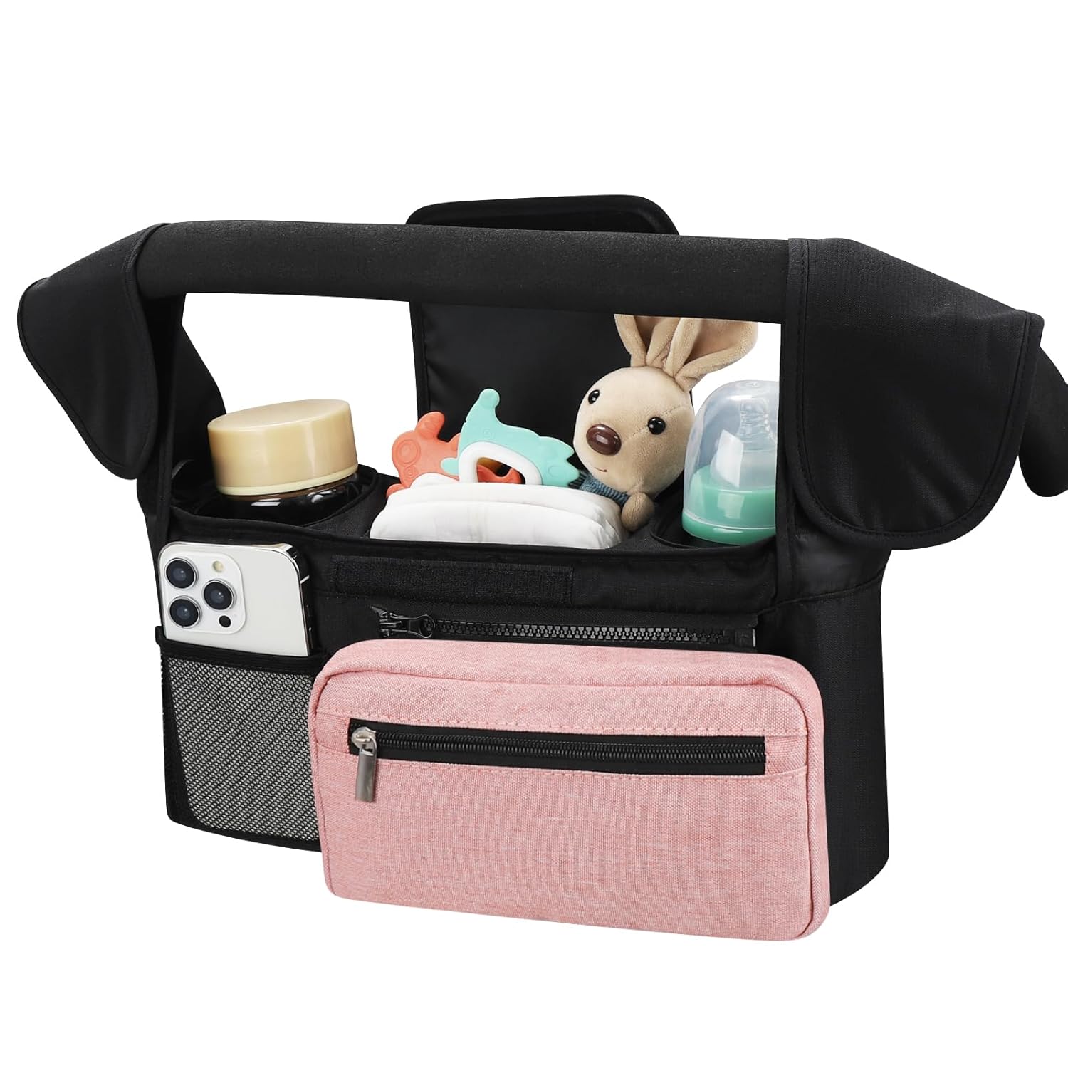 Double Stroller Organizer for Bob Duallie and Baby Jogger City Mini GT2, Double Baby Stroller Caddy Bag Organizer Accessories