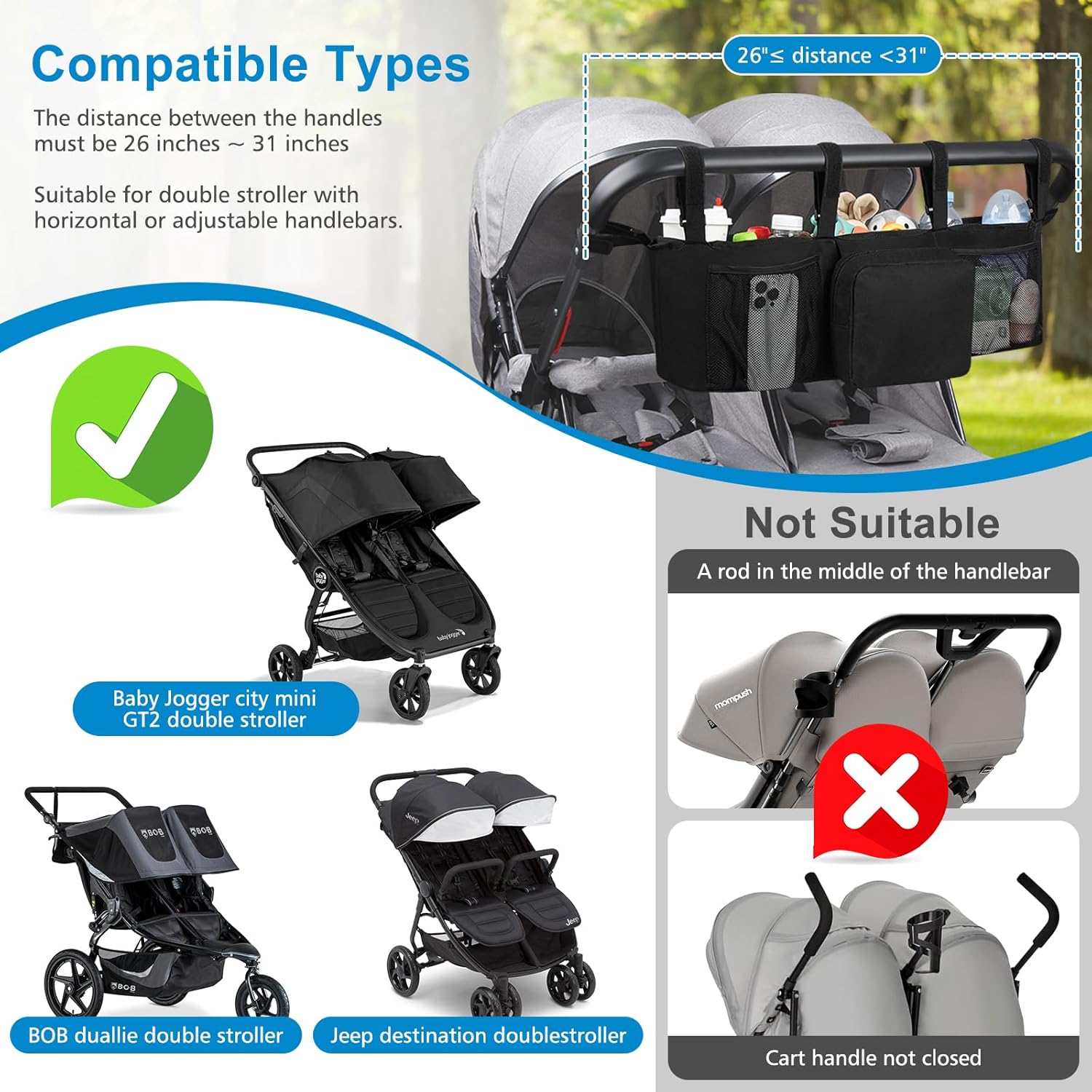 Double Stroller Organizer for Bob Duallie and Baby Jogger City Mini GT2, Double Baby Stroller Caddy Bag Organizer Accessories