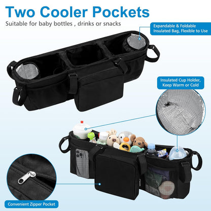 Double Stroller Organizer for Bob Duallie and Baby Jogger City Mini GT2, Double Baby Stroller Caddy Bag Organizer Accessories
