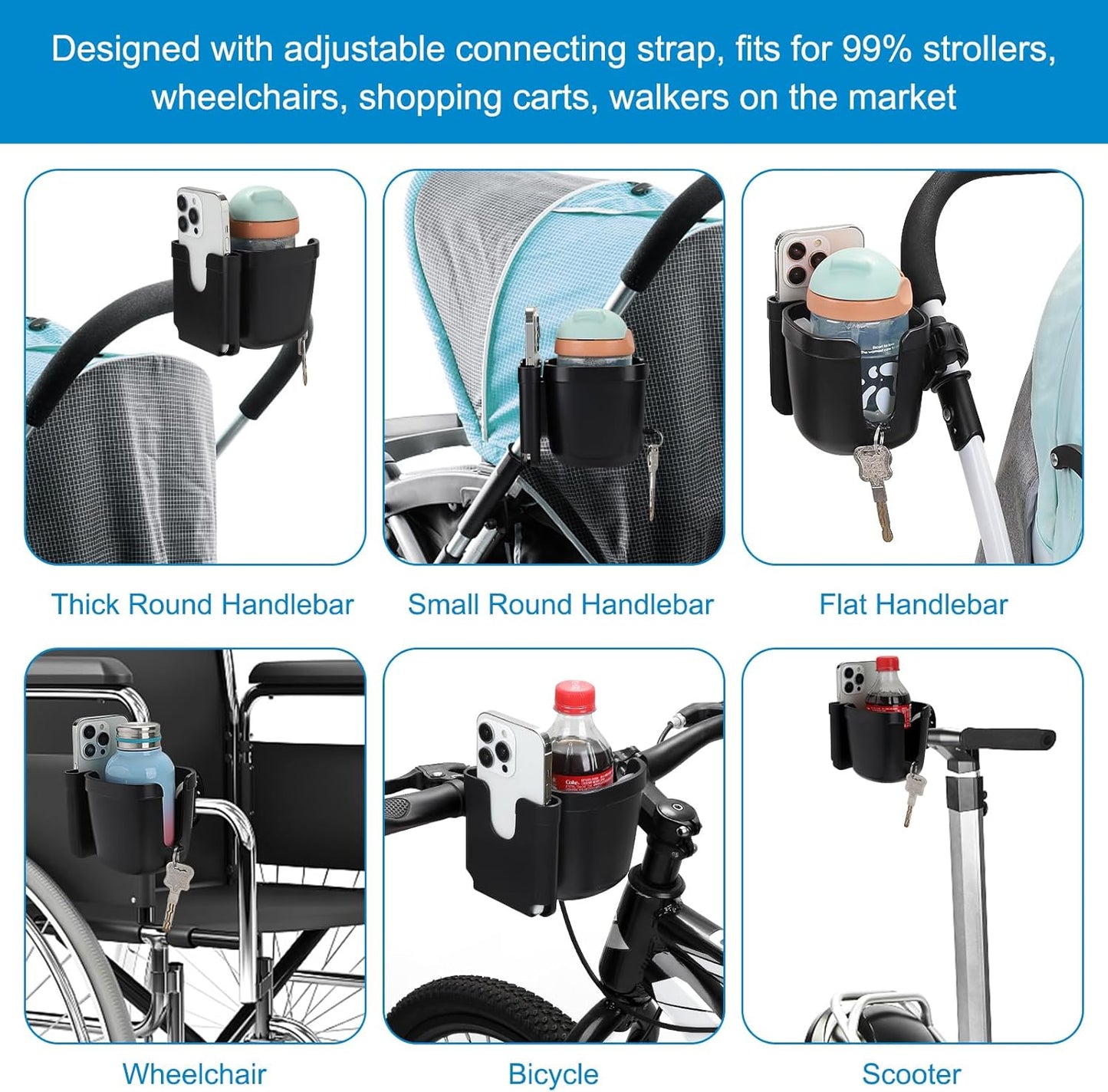 Stroller Cup Holder, Bike Cup Holder, Universal Cup Phone Holder for Uppababy Nuna Doona Strollers, Cup Holder for Stroller, Bike, Wheelchair, Walker