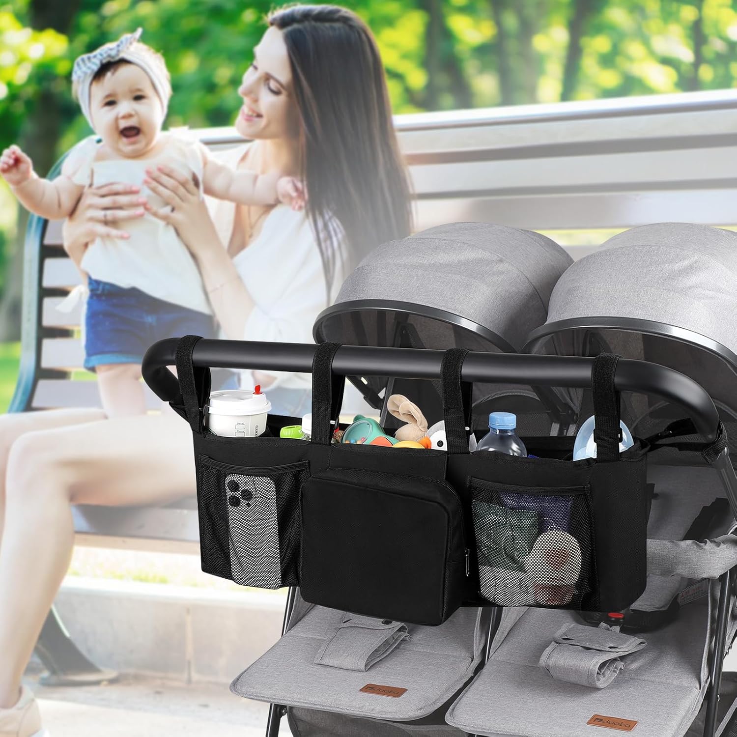 Double Stroller Organizer for Bob Duallie and Baby Jogger City Mini GT2, Double Baby Stroller Caddy Bag Organizer Accessories