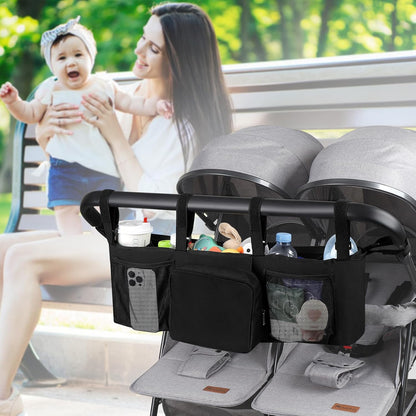Double Stroller Organizer for Bob Duallie and Baby Jogger City Mini GT2, Double Baby Stroller Caddy Bag Organizer Accessories
