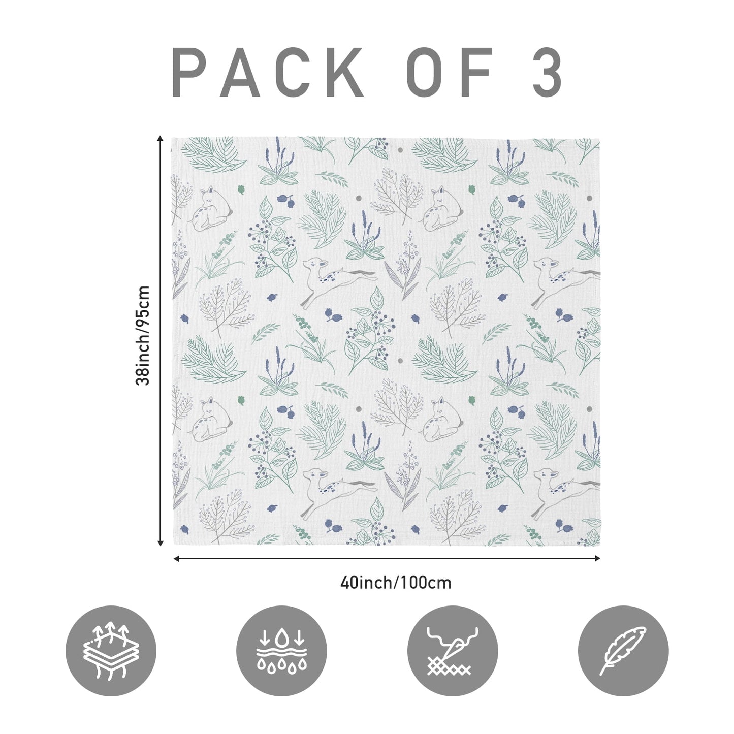 3-Pack Muslin Organic Cotton Swaddle Blankets for Newborn Infant Boys Girls 38"X40", Perky Fawn