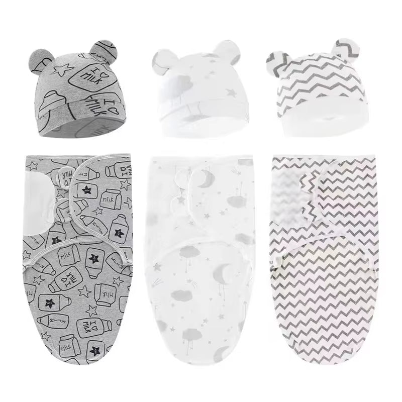 Baby Blanket Hat Set Cartoon Printed Cotton Newborn Swaddle Adjustable Infant Sleeping Swaddle Wraps All Seasons 0-6 Months