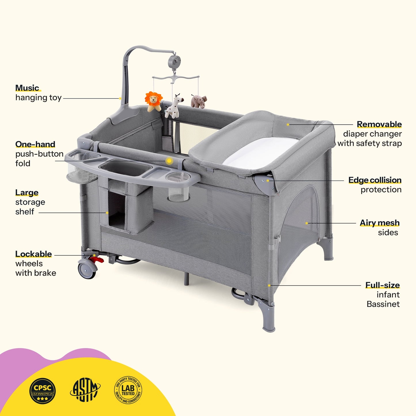 5 in 1 Portable Playard and Bassinet Bedside Sleeper for Newborn to Toddler, Unisex, Gray