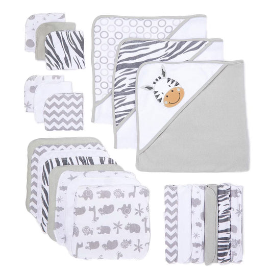 Bath Hooded Towels & Washcloths Set for Babies, 23-Piece Gift Set, White Zebra