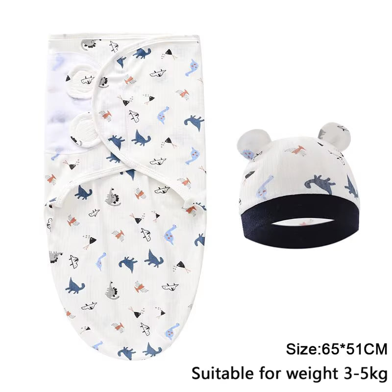 Baby Blanket Hat Set Cartoon Printed Cotton Newborn Swaddle Adjustable Infant Sleeping Swaddle Wraps All Seasons 0-6 Months