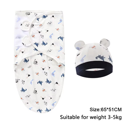 Baby Blanket Hat Set Cartoon Printed Cotton Newborn Swaddle Adjustable Infant Sleeping Swaddle Wraps All Seasons 0-6 Months