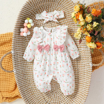 Baby Girls Summer Long Sleeve Printing Love with Bowknot for Casual Daily Cotton Jumpsuit