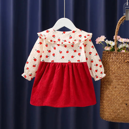 Autumn New Newborn Girls Long Sleeve Dress Cartoon Fragmented Flower Lapel Baby Princess Dress Flower Strap Dress