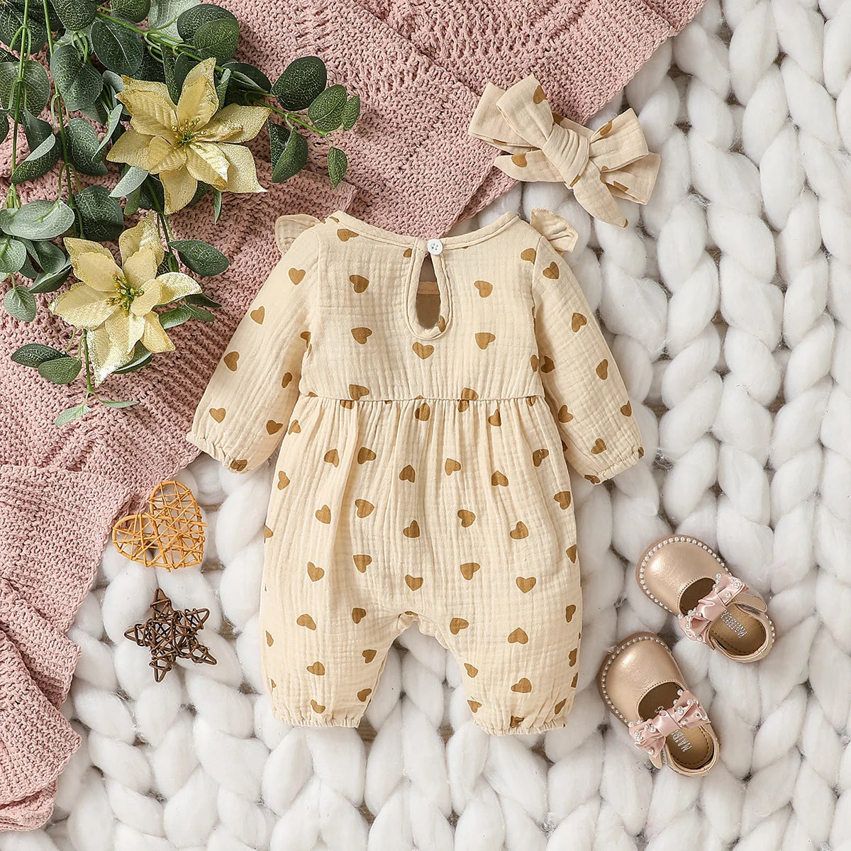 Baby Girls Summer Long Sleeve Printing Love with Bowknot for Casual Daily Cotton Jumpsuit