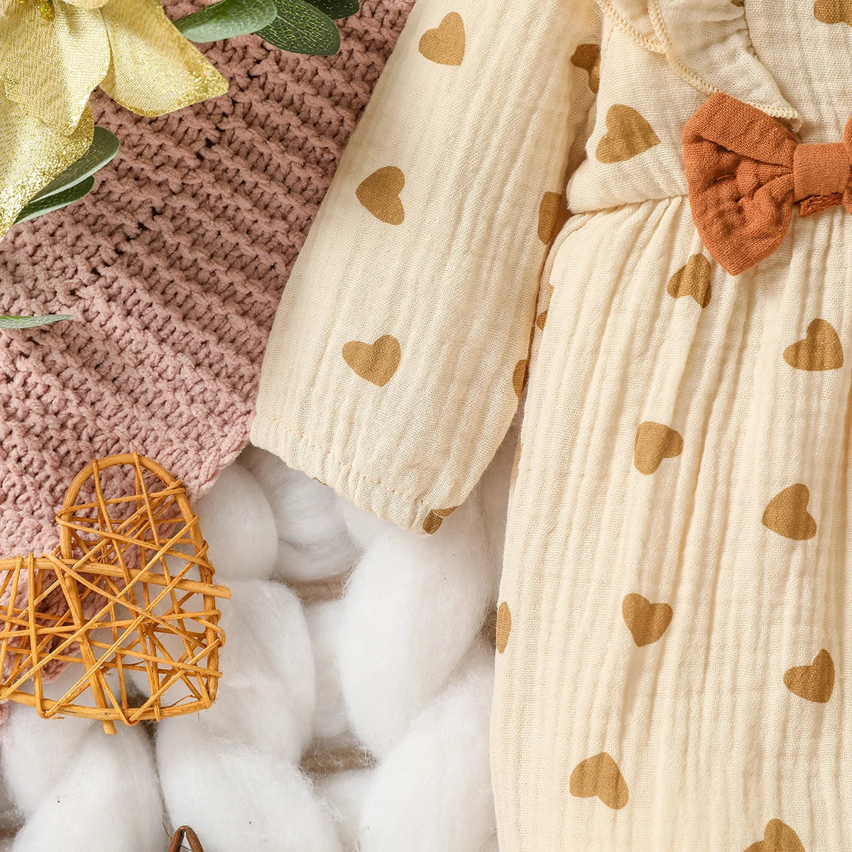 Baby Girls Summer Long Sleeve Printing Love with Bowknot for Casual Daily Cotton Jumpsuit