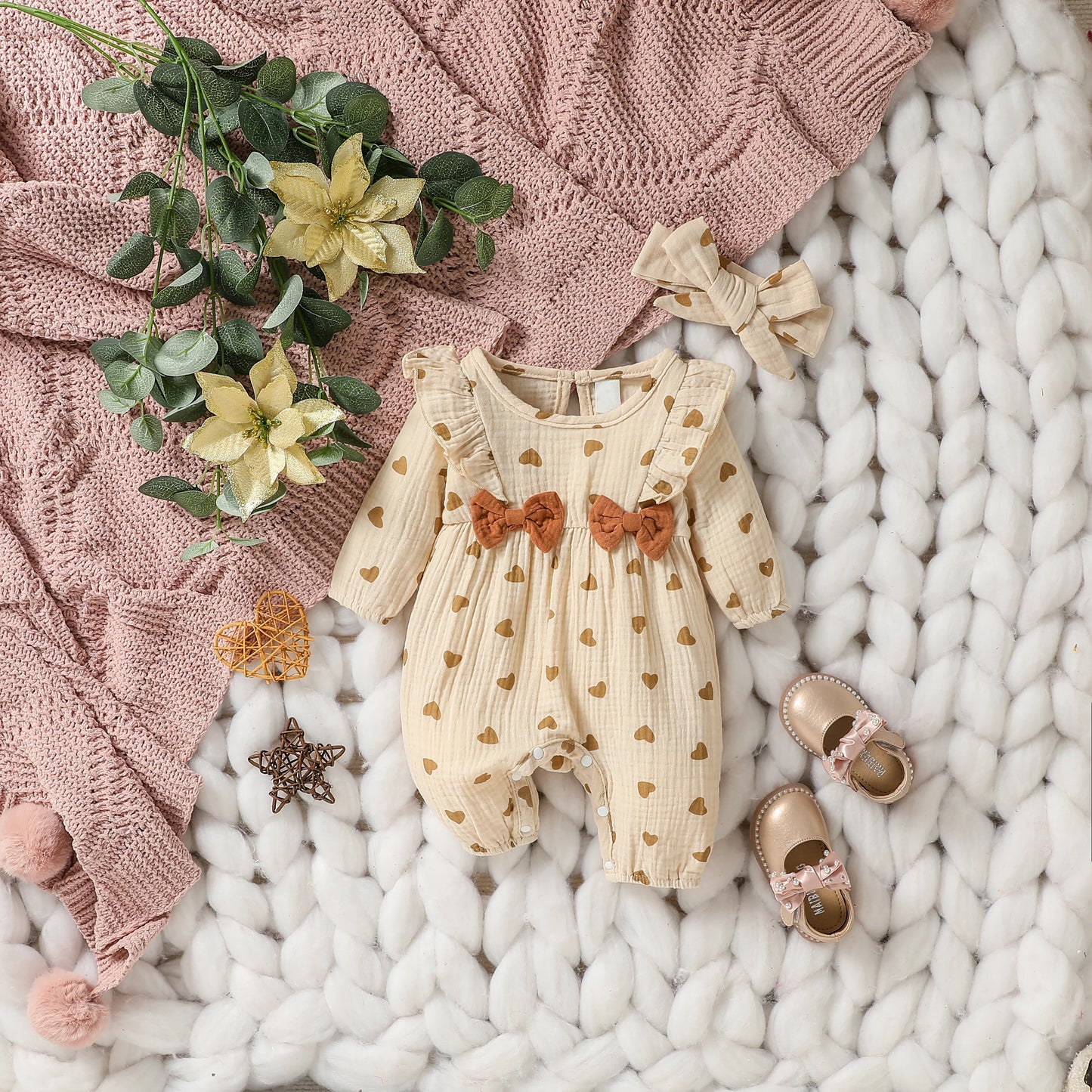 Baby Girls Summer Long Sleeve Printing Love with Bowknot for Casual Daily Cotton Jumpsuit