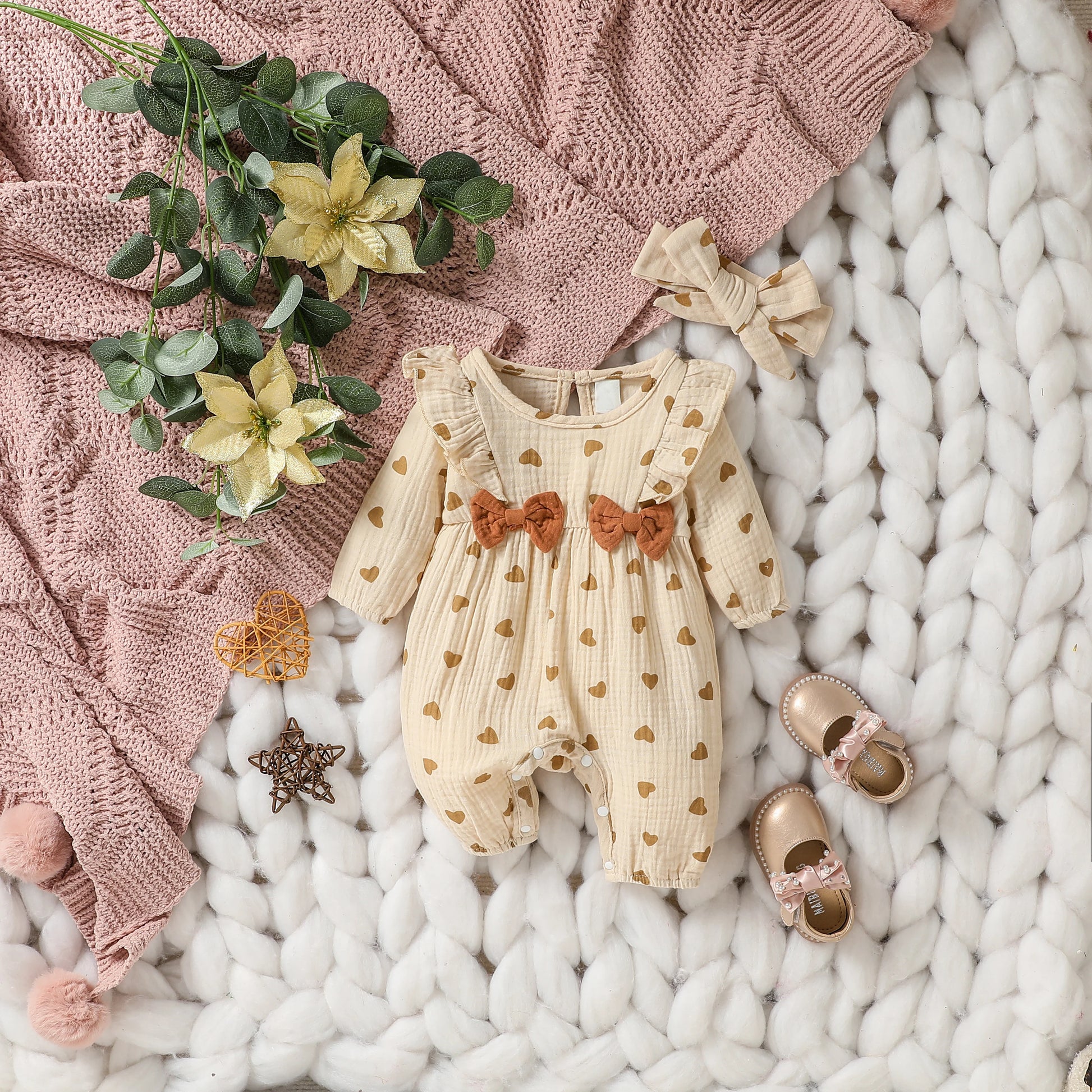 Baby Girls Summer Long Sleeve Printing Love with Bowknot for Casual Daily Cotton Jumpsuit