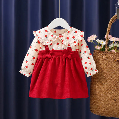 Autumn New Newborn Girls Long Sleeve Dress Cartoon Fragmented Flower Lapel Baby Princess Dress Flower Strap Dress