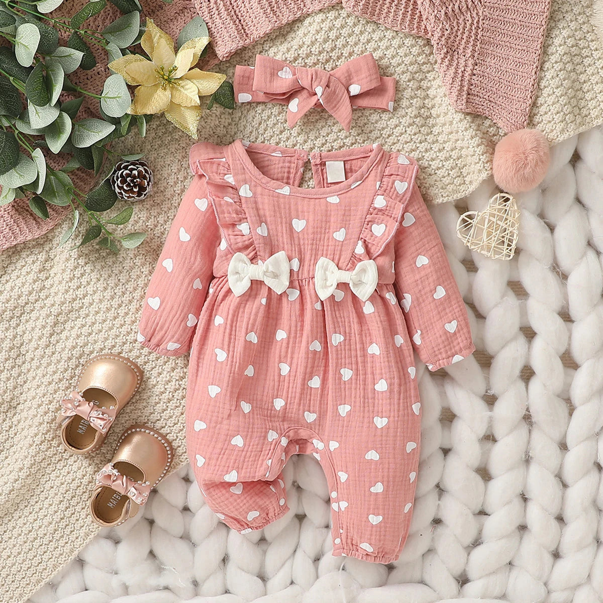 Baby Girls Summer Long Sleeve Printing Love with Bowknot for Casual Daily Cotton Jumpsuit