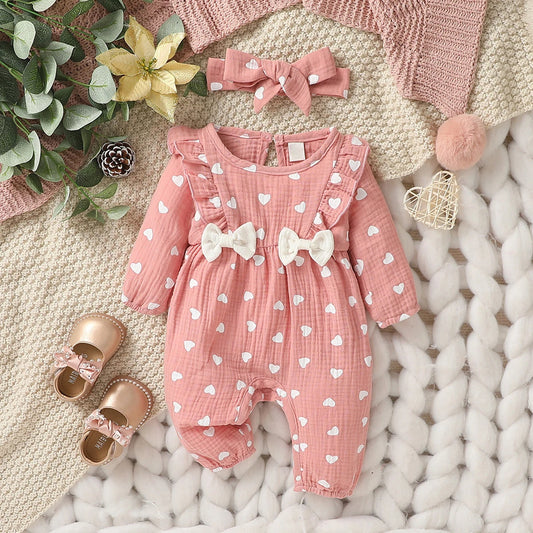 Baby Girls Summer Long Sleeve Printing Love with Bowknot for Casual Daily Cotton Jumpsuit