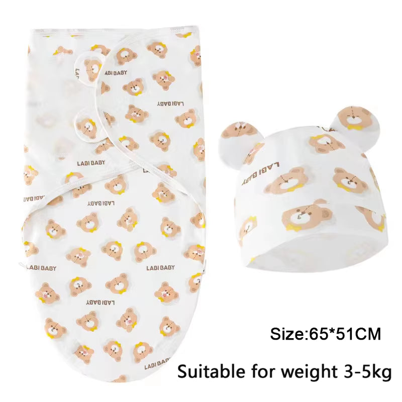 Baby Blanket Hat Set Cartoon Printed Cotton Newborn Swaddle Adjustable Infant Sleeping Swaddle Wraps All Seasons 0-6 Months