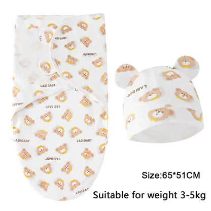 Baby Blanket Hat Set Cartoon Printed Cotton Newborn Swaddle Adjustable Infant Sleeping Swaddle Wraps All Seasons 0-6 Months