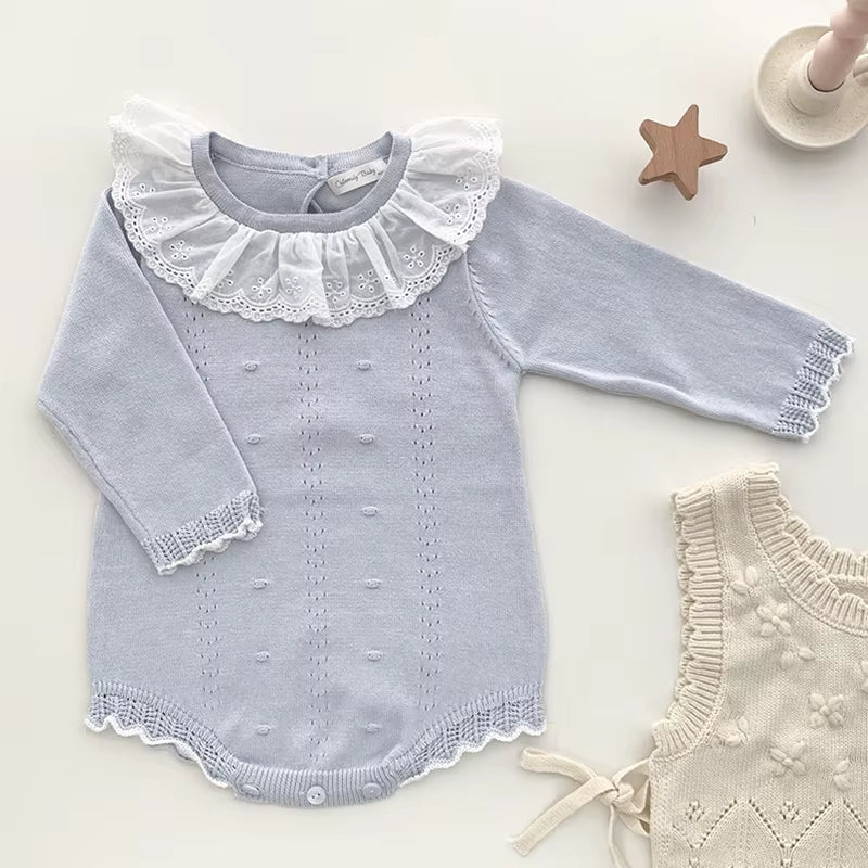 New Autumn Baby Girls Rompers Cotton Knitted Lace Ruffle Collar Infant Girls Bodysuit Knit Pink Princess Toddler Girls Outfits ﻿