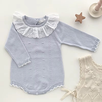 New Autumn Baby Girls Rompers Cotton Knitted Lace Ruffle Collar Infant Girls Bodysuit Knit Pink Princess Toddler Girls Outfits ﻿