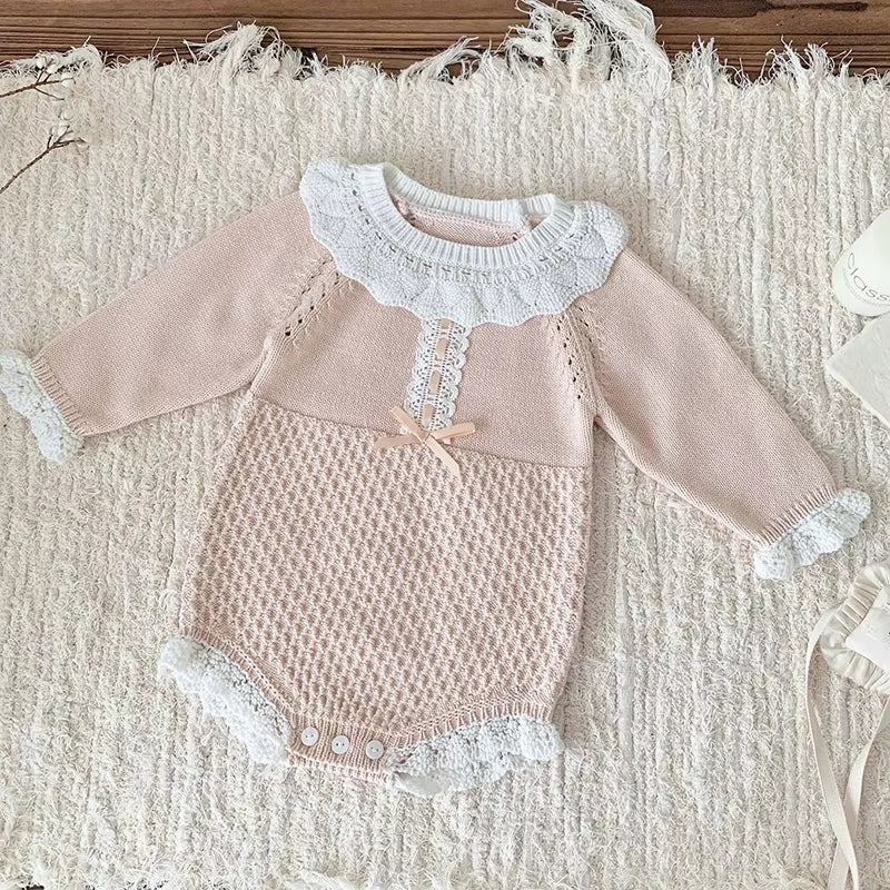 New Autumn Baby Girls Rompers Cotton Knitted Lace Ruffle Collar Infant Girls Bodysuit Knit Pink Princess Toddler Girls Outfits ﻿