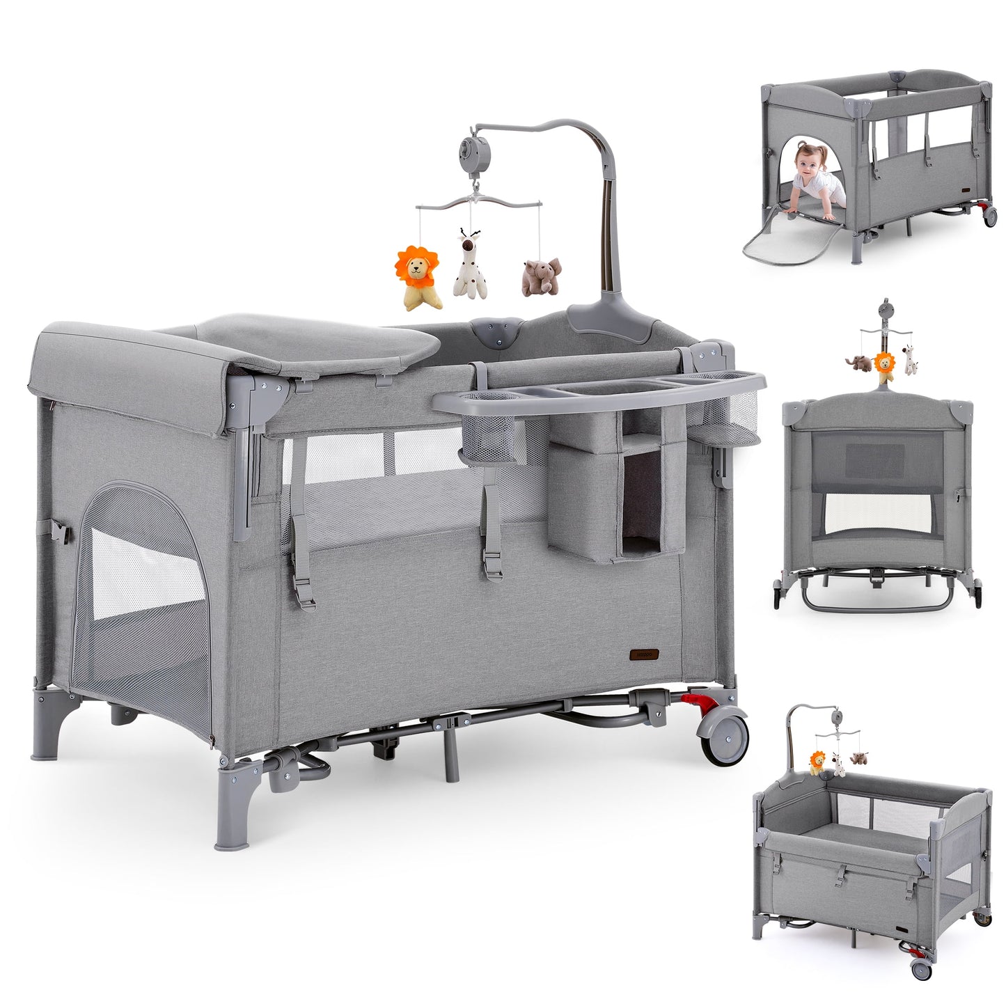 5 in 1 Portable Playard and Bassinet Bedside Sleeper for Newborn to Toddler, Unisex, Gray