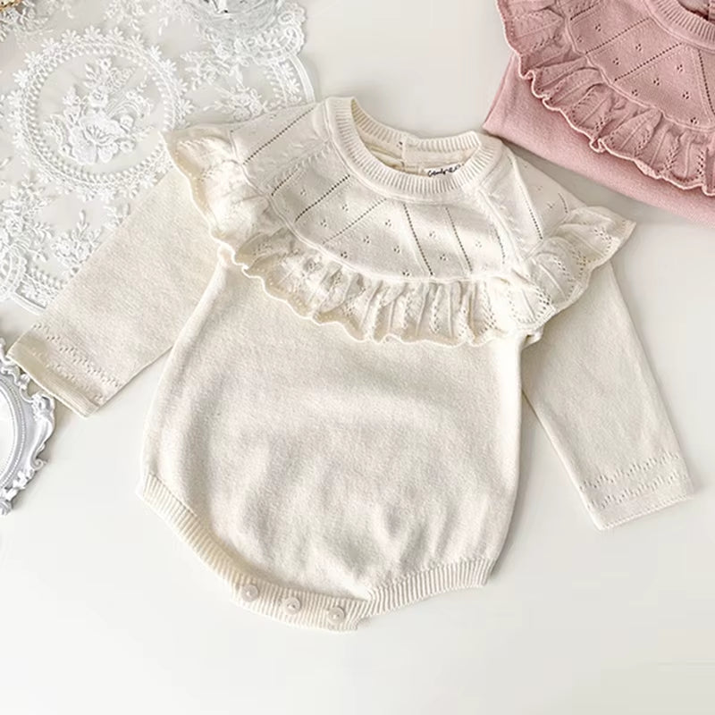 New Autumn Baby Girls Rompers Cotton Knitted Lace Ruffle Collar Infant Girls Bodysuit Knit Pink Princess Toddler Girls Outfits ﻿