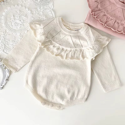 New Autumn Baby Girls Rompers Cotton Knitted Lace Ruffle Collar Infant Girls Bodysuit Knit Pink Princess Toddler Girls Outfits ﻿