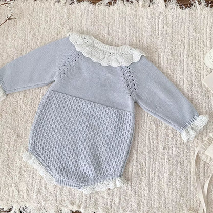 New Autumn Baby Girls Rompers Cotton Knitted Lace Ruffle Collar Infant Girls Bodysuit Knit Pink Princess Toddler Girls Outfits ﻿