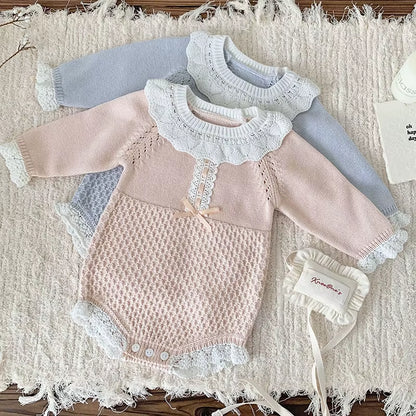 New Autumn Baby Girls Rompers Cotton Knitted Lace Ruffle Collar Infant Girls Bodysuit Knit Pink Princess Toddler Girls Outfits ﻿